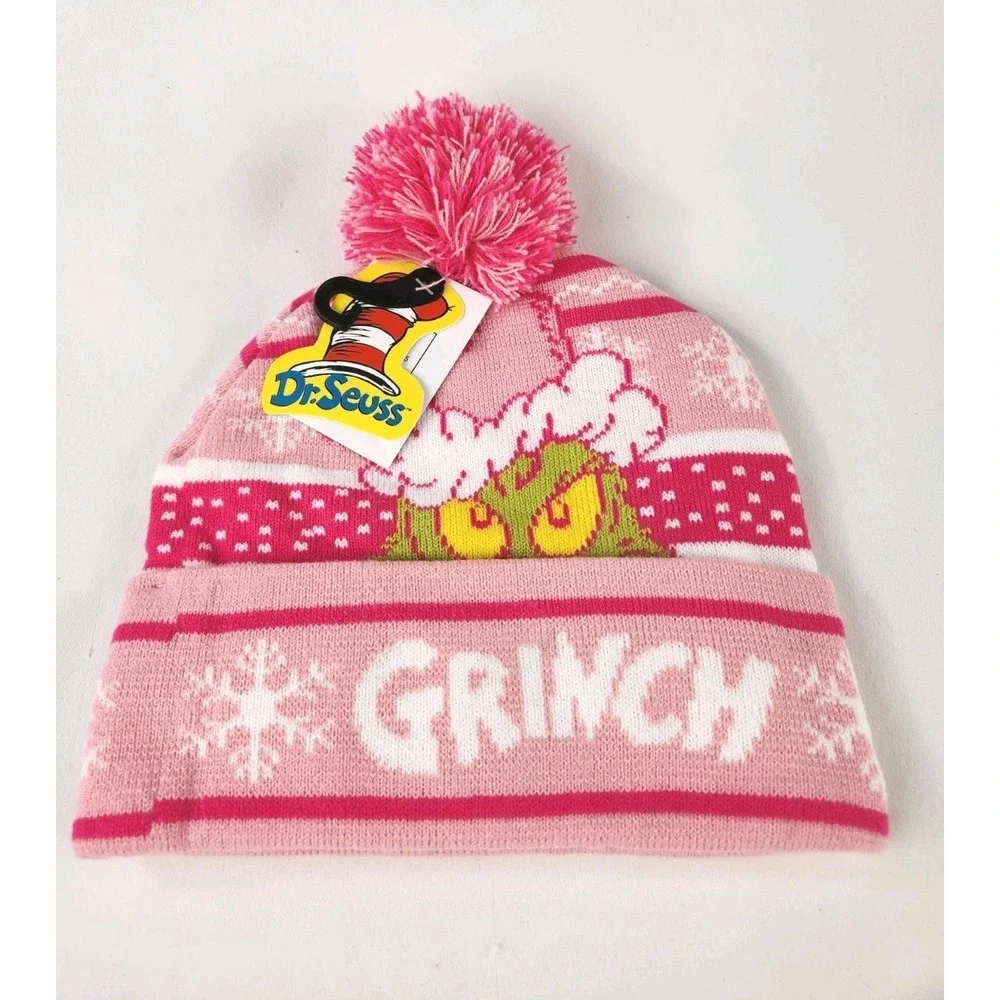 NEW Grinch Beanie stocking Hat One Size Fits Most Dr. Seuss Adult Size Pink  Pom